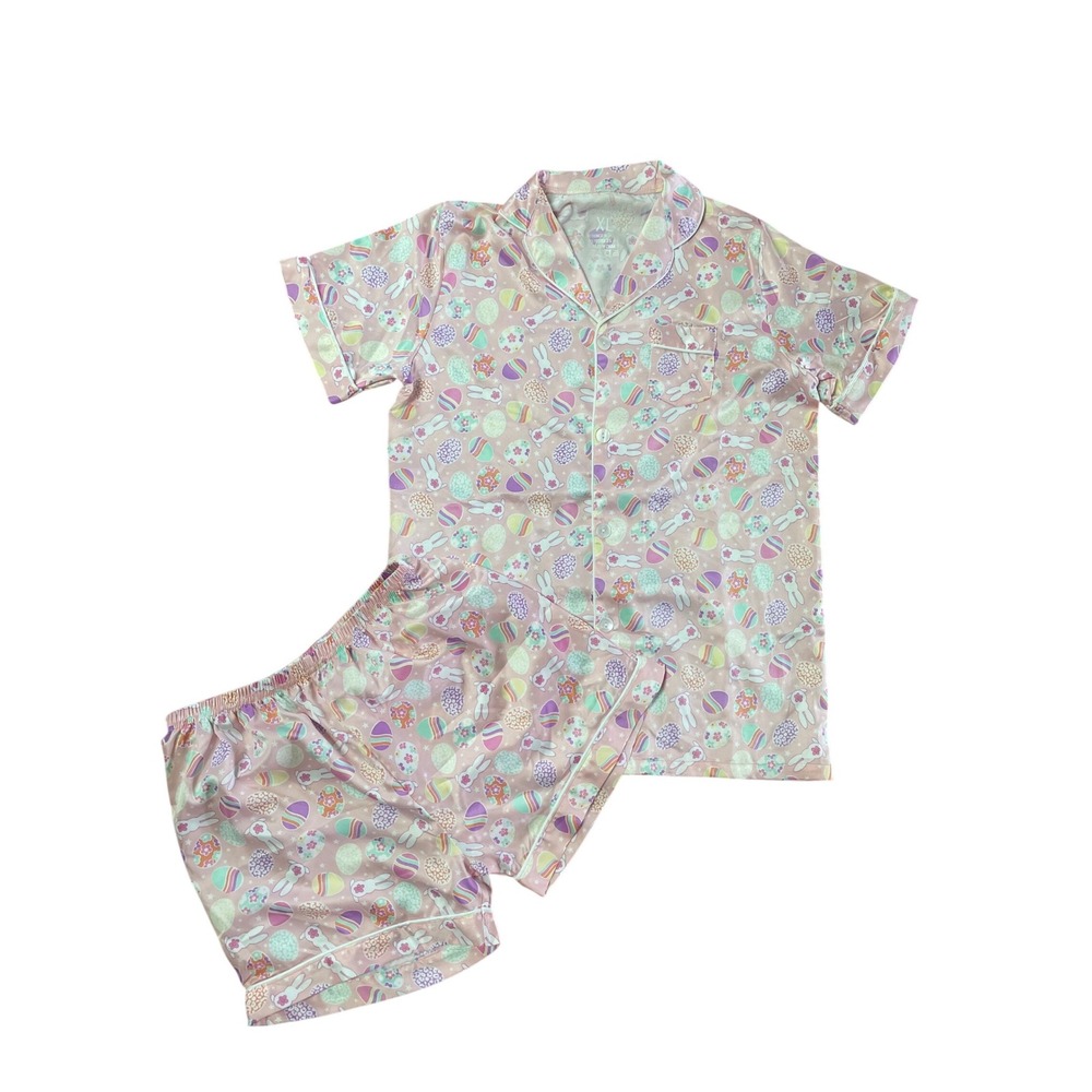 Jane Marie Kids Easter Bunny Egg Pajama Set Pink Satin Button Down Shorts XL NEW